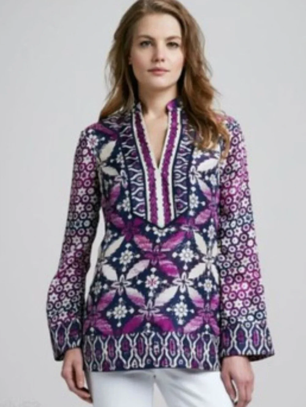 Tory Burch Silk V-Neck Ikat Tunic Top Size 2